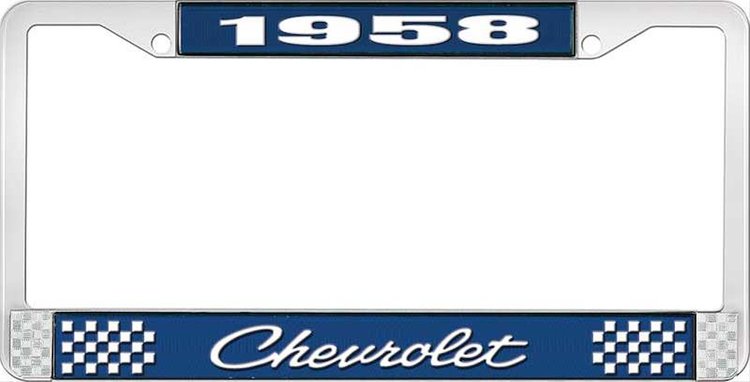 1958 Chevrolet Blue And Chrome License Plate Frame With White Lettering