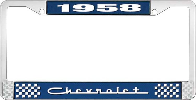 1958 Chevrolet Blue And Chrome License Plate Frame With White Lettering