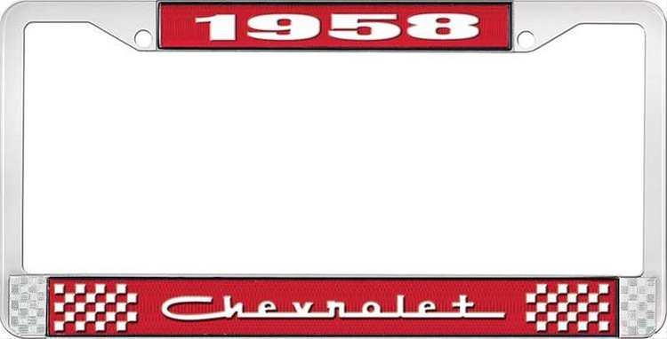 1958 Chevrolet Red And Chrome License Plate Frame With White Lettering