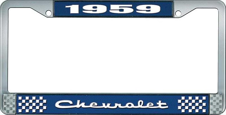 1959 Chevrolet Blue And Chrome License Plate Frame With White Lettering