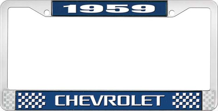1959 Chevrolet Blue And Chrome License Plate Frame With White Lettering