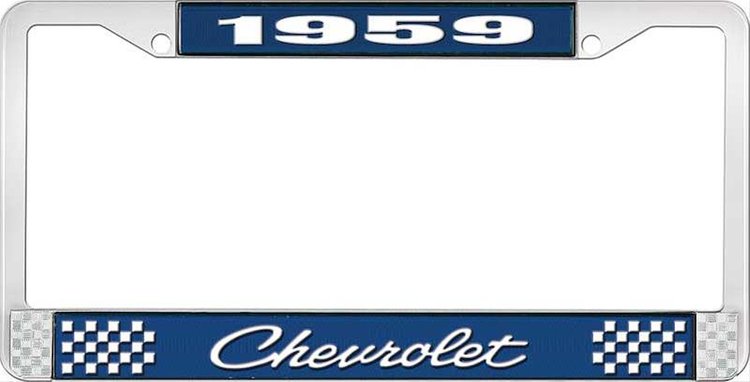 License Plate Frame 1959 Chevrolet Blue And Chrome With White Lettering