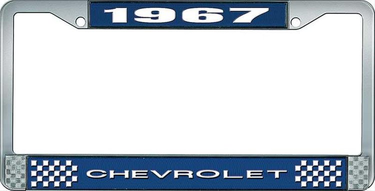 1967 Chevrolet Blue And Chrome License Plate Frame With White Lettering