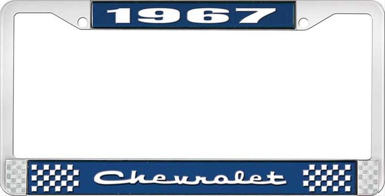 1967 Chevrolet Blue And Chrome License Plate Frame With White Lettering