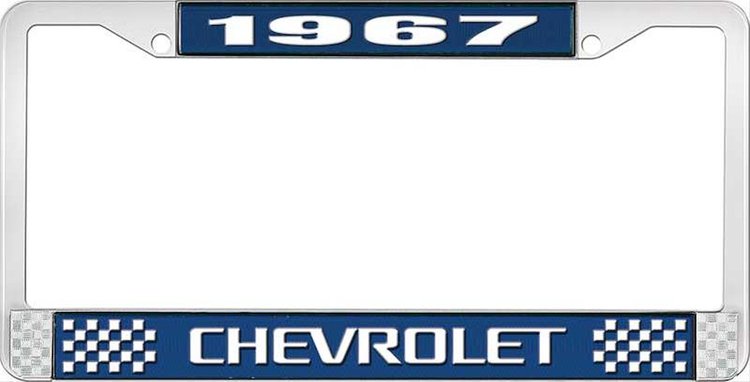 1967 Chevrolet Blue And Chrome License Plate Frame With White Lettering