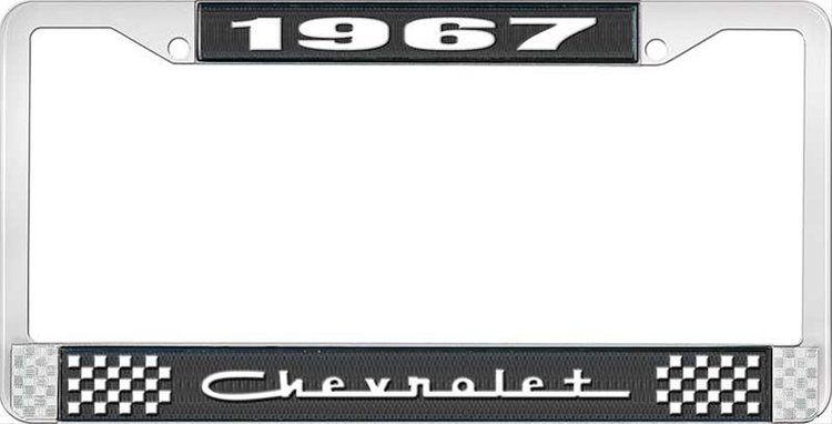 License Plate Frame 1967 Chevrolet, Black And Chrome with White Lettering