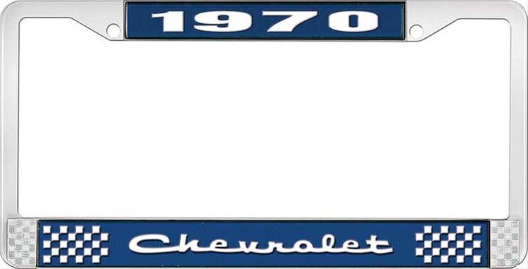 1970 Chevrolet Blue And Chrome License Plate Frame With White Lettering