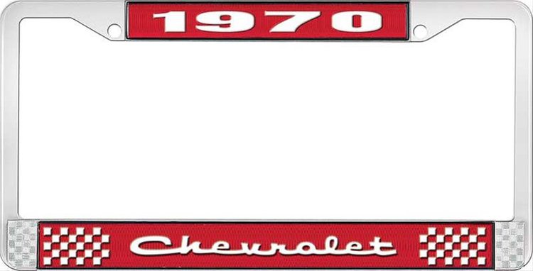 1970 Chevrolet Red And Chrome License Plate Frame With White Lettering
