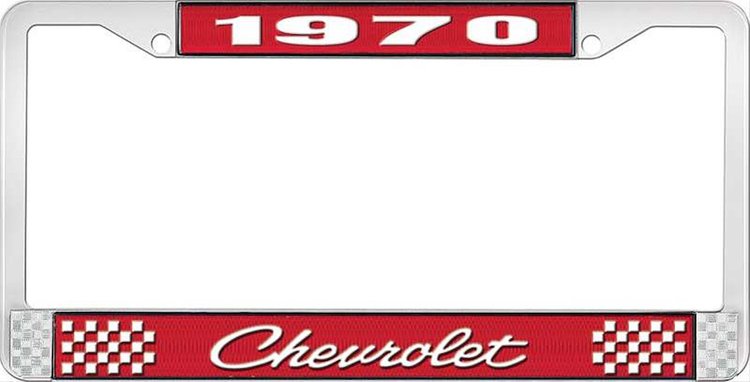 1970 Chevrolet Red And Chrome License Plate Frame With White Lettering