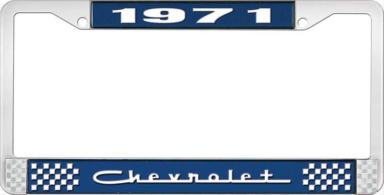 1971 Chevrolet Blue And Chrome License Plate Frame With White Lettering