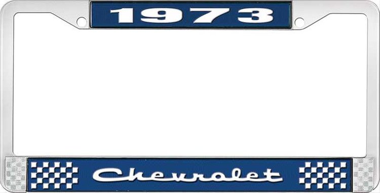 1973 Chevrolet Blue And Chrome License Plate Frame With White Lettering