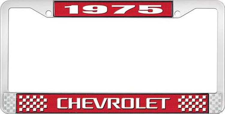 License Plate Frame 1975 Chevrolet Red And Chrome With White Lettering