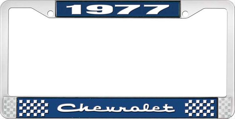 1977 Chevrolet Blue And Chrome License Plate Frame With White Lettering