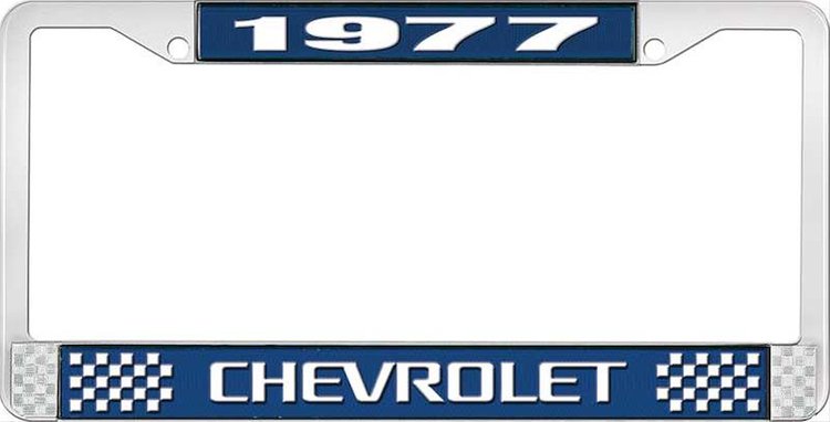 1977 Chevrolet Blue And Chrome License Plate Frame With White Lettering