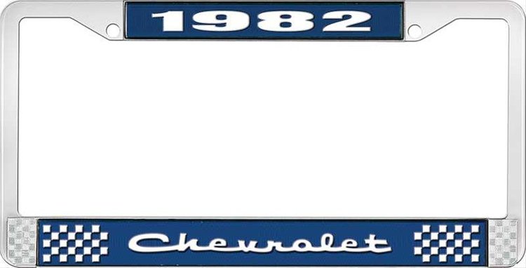 1982 Chevrolet Blue And Chrome License Plate Frame With White Lettering