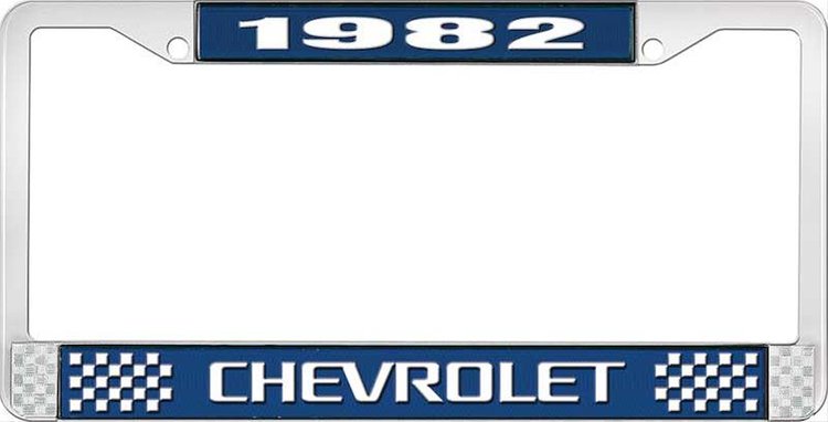 1982 Chevrolet Blue And Chrome License Plate Frame With White Lettering