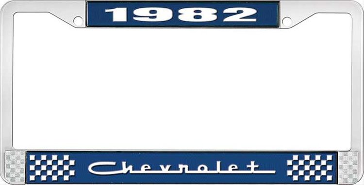 1982 Chevrolet Blue And Chrome License Plate Frame With White Lettering