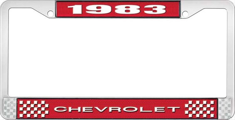 1983 Chevrolet Red And Chrome License Plate Frame With White Lettering