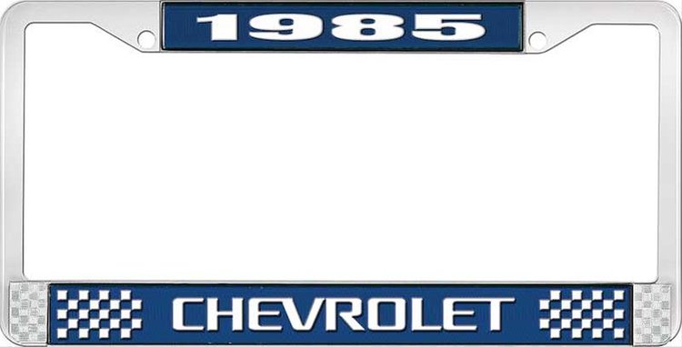 1985 Chevrolet Blue And Chrome License Plate Frame With White Lettering