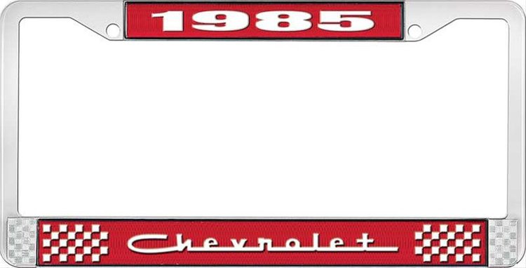 1985 Chevrolet Red And Chrome License Plate Frame With White Lettering