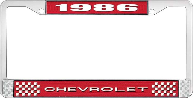 1986 Chevrolet Red And Chrome License Plate Frame With White Lettering