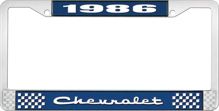1986 Chevrolet Blue And Chrome License Plate Frame With White Lettering