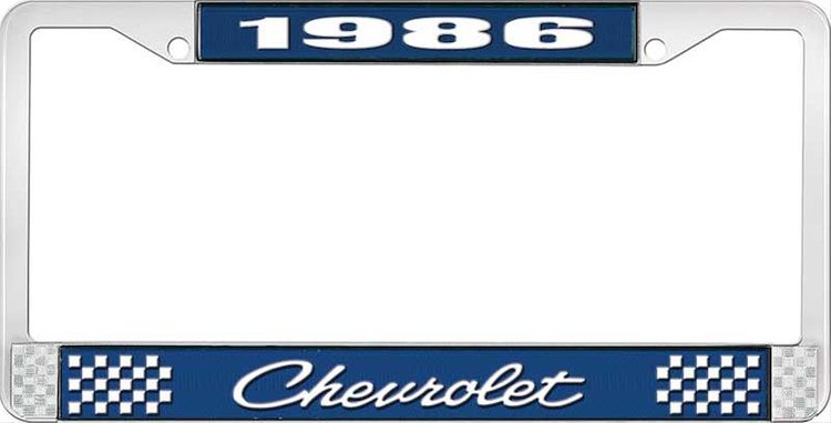 1986 Chevrolet Blue And Chrome License Plate Frame With White Lettering