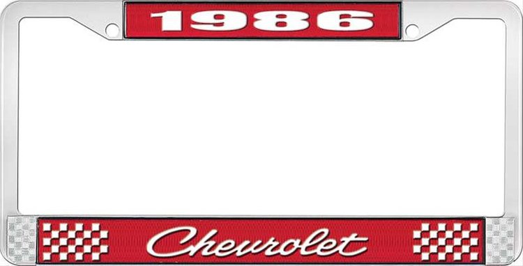 1986 Chevrolet Red And Chrome License Plate Frame With White Lettering