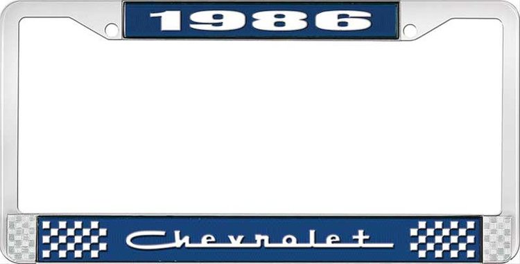 1986 Chevrolet Blue And Chrome License Plate Frame With White Lettering