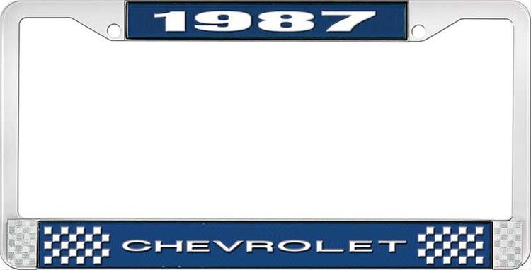 1987 Chevrolet Blue And Chrome License Plate Frame With White Lettering