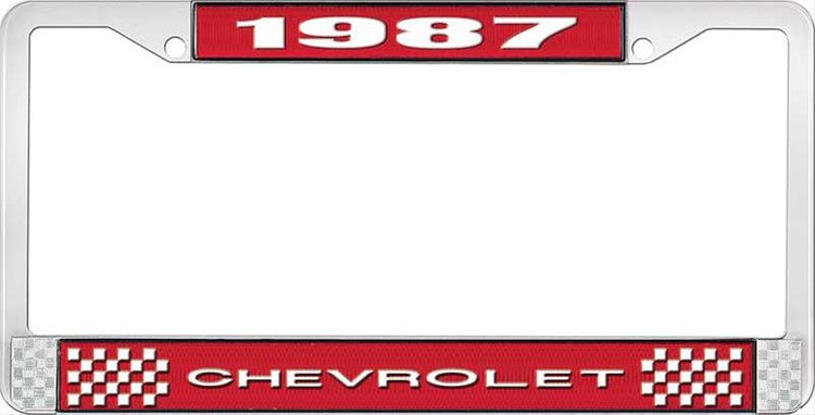 1987 Chevrolet Red And Chrome License Plate Frame With White Lettering
