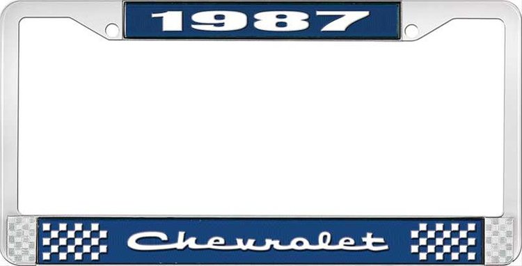 1987 Chevrolet Blue And Chrome License Plate Frame With White Lettering