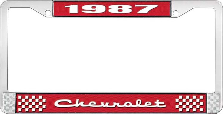 1987 Chevrolet Red And Chrome License Plate Frame With White Lettering