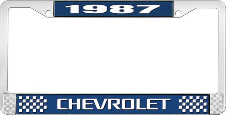 1987 Chevrolet Blue And Chrome License Plate Frame With White Lettering