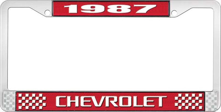 1987 Chevrolet Red And Chrome License Plate Frame With White Lettering