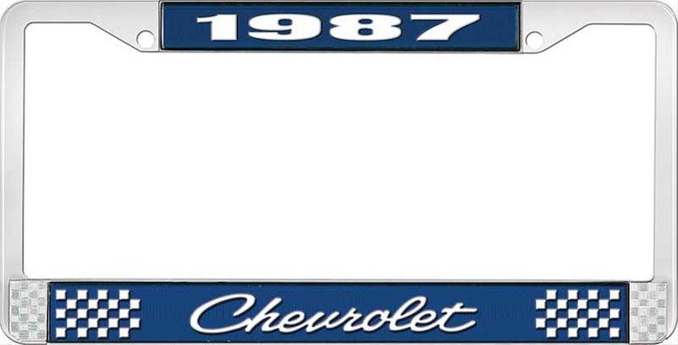 1987 Chevrolet Blue And Chrome License Plate Frame With White Lettering