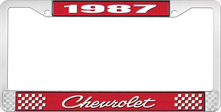 1987 Chevrolet Red And Chrome License Plate Frame With White Lettering
