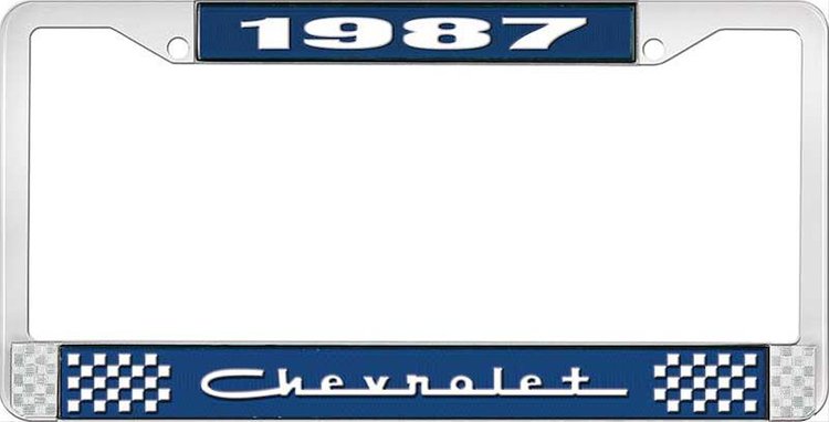 1987 Chevrolet Blue And Chrome License Plate Frame With White Lettering