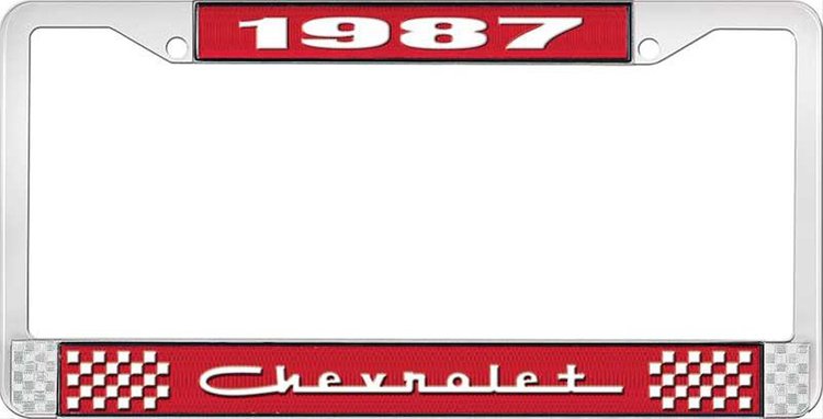 1987 Chevrolet Red And Chrome License Plate Frame With White Lettering