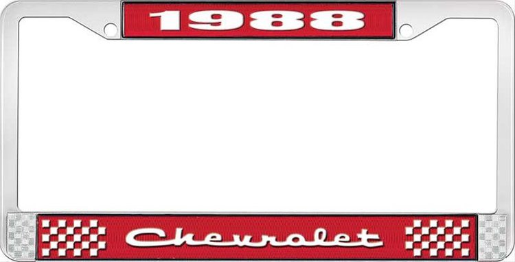 1988 Chevrolet Red And Chrome License Plate Frame With White Lettering