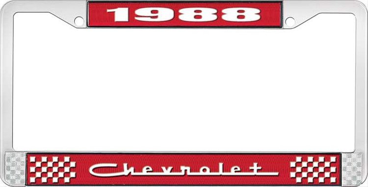 1988 Chevrolet Red And Chrome License Plate Frame With White Lettering