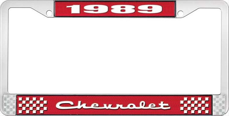 1989 Chevrolet Red And Chrome License Plate Frame With White Lettering
