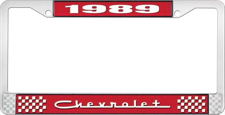 1989 Chevrolet Red And Chrome License Plate Frame With White Lettering
