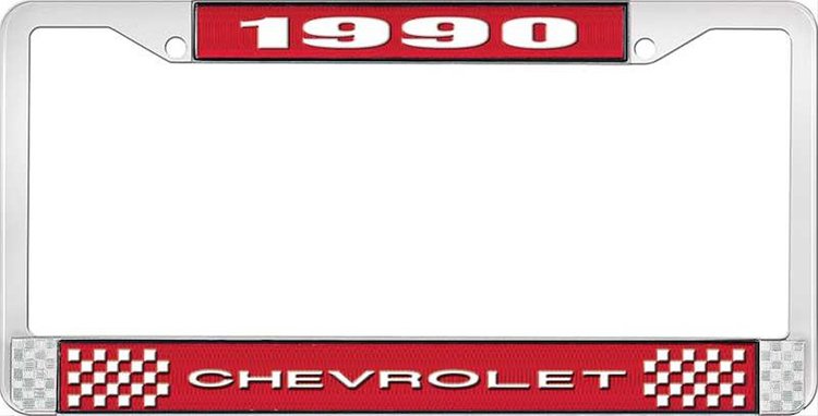 1990 Chevrolet Red And Chrome License Plate Frame With White Lettering