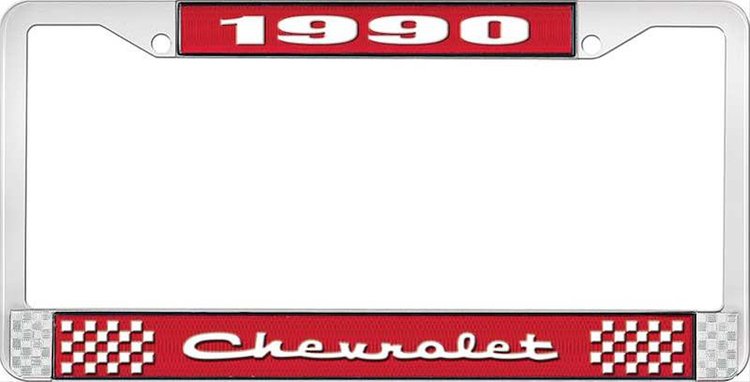1990 Chevrolet Red And Chrome License Plate Frame With White Lettering