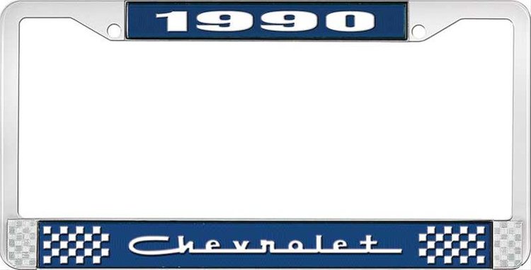 1990 Chevrolet Blue And Chrome License Plate Frame With White Lettering