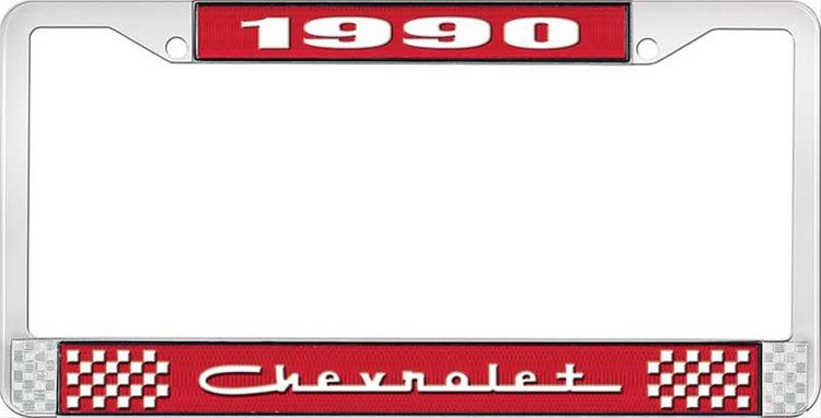 1990 Chevrolet Red And Chrome License Plate Frame With White Lettering