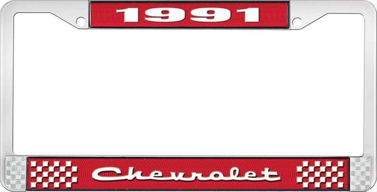 1991 Chevrolet Red And Chrome License Plate Frame With White Lettering