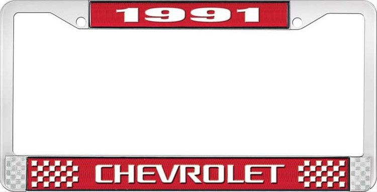1991 Chevrolet Red And Chrome License Plate Frame With White Lettering