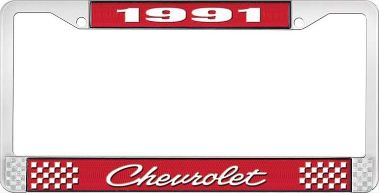 1991 Chevrolet Red And Chrome License Plate Frame With White Lettering
